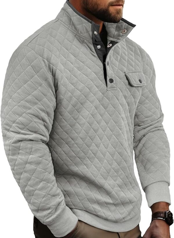 PLEPAN Mens Quilted Sweatshirt Long Sleeve Casual Stand Collar 1/4 Button Pullover Sweatshirts for Men