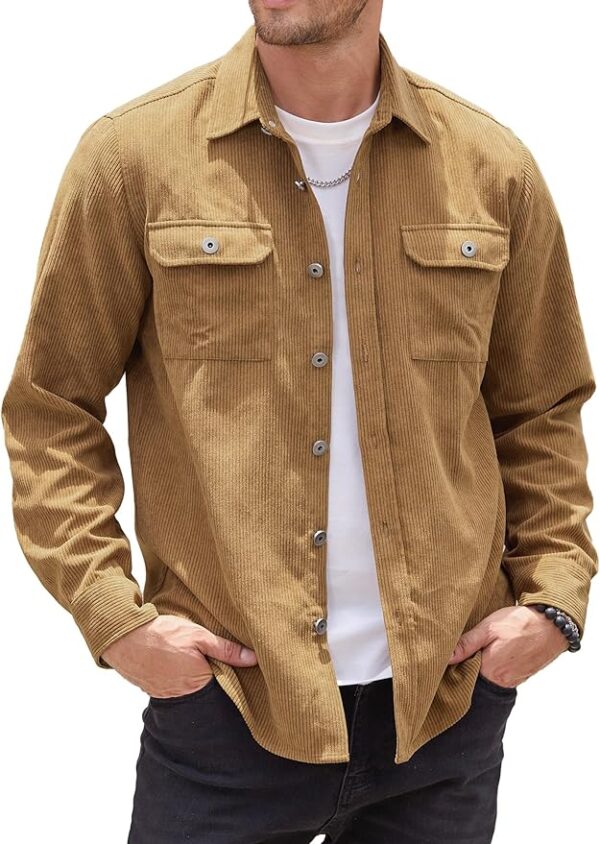 PLEPAN Men's Corduroy Jacket Button Down Shirts Casual Long Sleeve Shacket Jackets with Flap Pockets