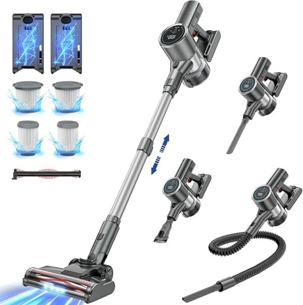 Cordless Vacuum Cleaner, 2 Batteries 100 Mins Runtime Vacuum Cleaners for Home