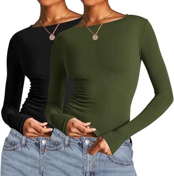 AKEWEI Long Sleeve Crop Tops for Women 2 Pack Fall Going Out Outfits Cute Tight Basic Tees Shirt