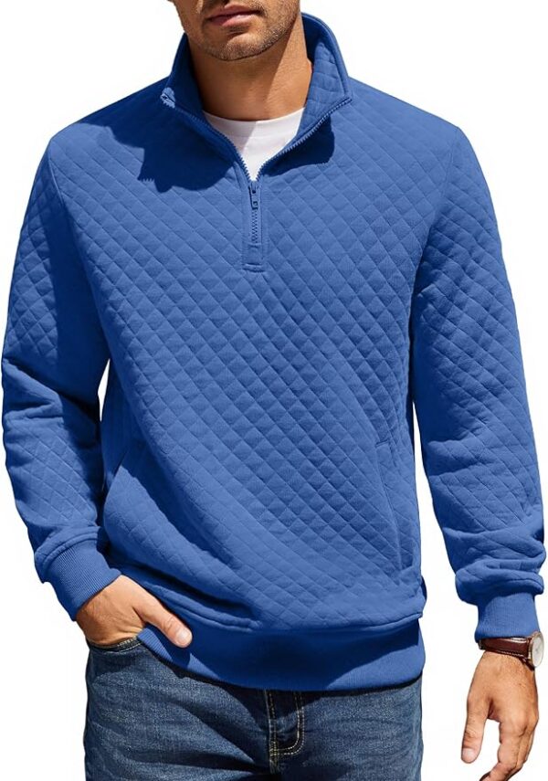 COOFANDY Mens Quarter Zip Pullover Quilted Sweatshirt Knit Long Sleeve Mock Neck Sweater Polo with Pocket