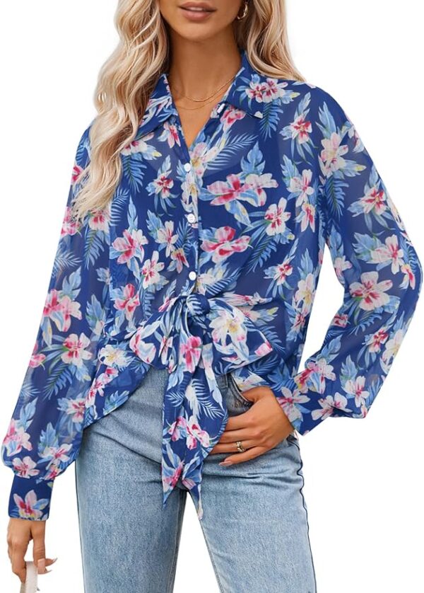 MEROKEETY Women's Summer Button Down Blouses Long Sleeve Tie Front Floral Boho Chiffon Shirt Tops