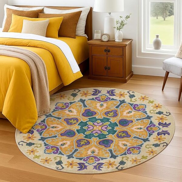 6ft Round Area Rug - Washable Low Pile Circular Rug, Non-Slip Lightweight Indoor Rug for Bedroom, Living Room, Nursery, Office & Dorm