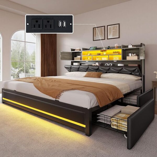 YITAHOME King Size Bed Frame with RGB LED Lights & Storage Bookcase Headboard, Upholstered Bed with Charging Station and 4 Drawers,
