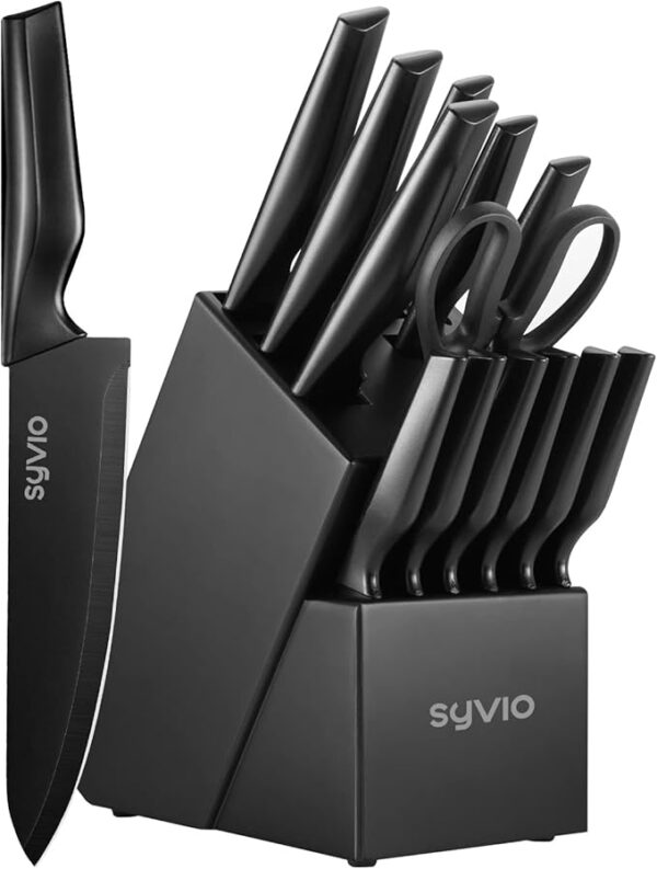 syvio Block Knife Set, 15 Pcs Kitchen Knife Set with Block and Sharpener, with Heavy