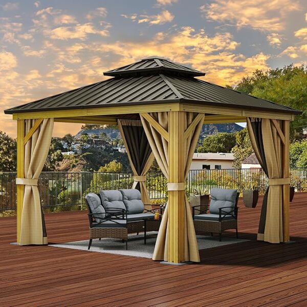 YITAHOME 10x10ft Hardtop Gazebo with Nettings and Curtains, Wood Grain Heavy Duty Double Roof Galvanized Steel Outdoor Combined of Vertical Stripes Roof for Patio, Backyard, Deck, Lawns, Brown