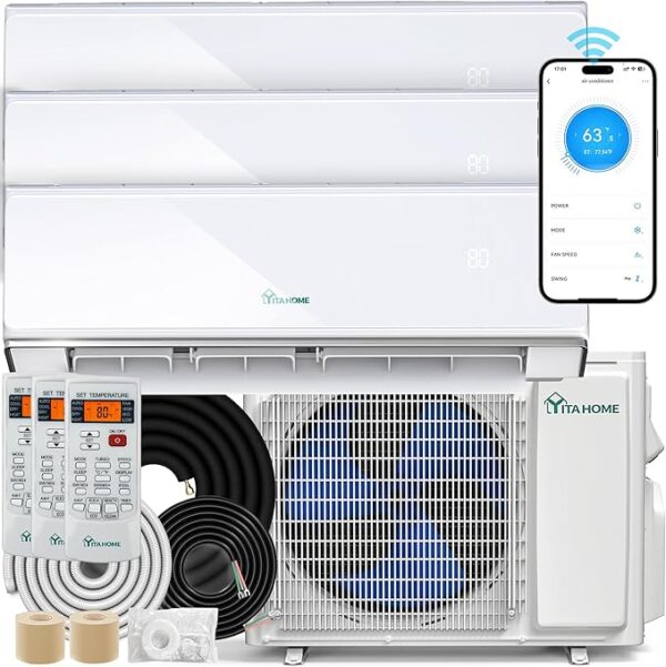 YITAHOME 23 SEER2 24K BTU 3 Zone Mini Split AC/Heating System, 9000 9000 9000 BTU Tri Zone Mini Split Air Conditioner, Wifi Enabled 208-230V Ductless AC Cool Up to 1200 Sq. Ft, Compatible with Alexa