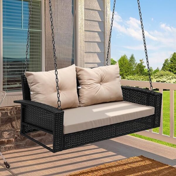 YITAHOME Wicker Hanging Porch Swing Chair 2-Seats Outdoor Black Rattan Patio Swing Lounge w/ 2 Back Cushions Capacity 530lbs for Garden, Balcony, Living Room