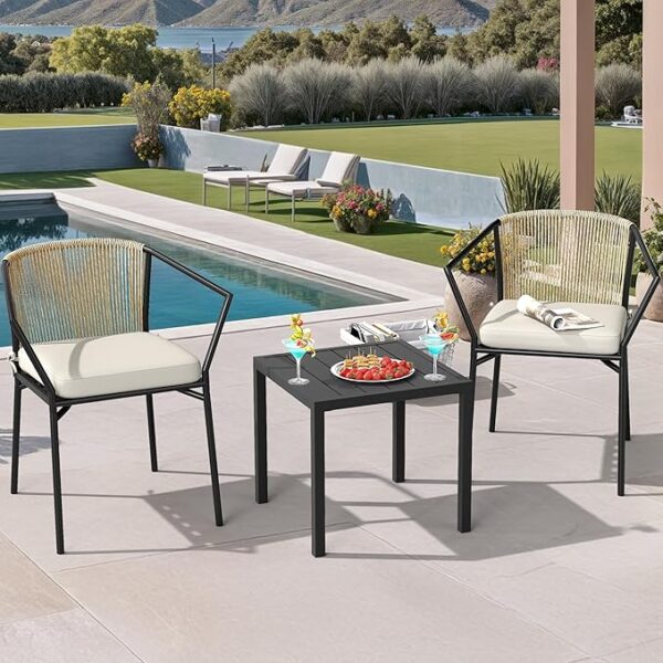 YITAHOME 3 Piece Bistro Set Outdoor with Thick Cushions&Table All-Weather Patio Conversation Set with Stackable Chairs 3 Piece Patio Set Outdoor Furniture for Balcony Backyard Pool Porch Deck - Beige