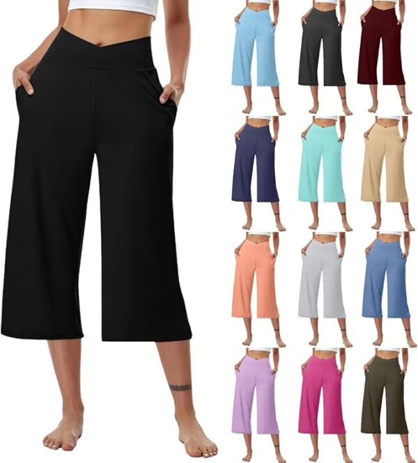 Bidobibo Wide Leg Capri Pants for Women Pull On Plus Size Yoga Capris Summer Stretch High Waisted Athletic Capris with Pocket