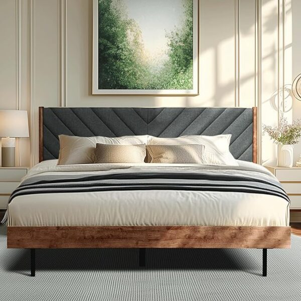 Acacia Astoria Solid Wood Upholstered Bed Frame, Queen Platform Bed Frame with Headboard, Elegant Design, Durable Construction for Luxurious Comfort, Walnut