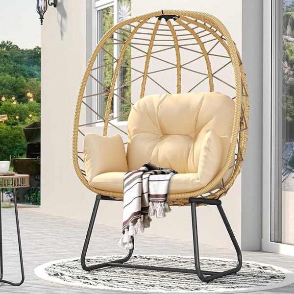 YITAHOME Egg Chair with Stand Outdoor Indoor Egg Lounge Chair with Cushion Wicker Chair PE Rattan Chair Included for Patio, Garden, Backyard, Porch, Beige