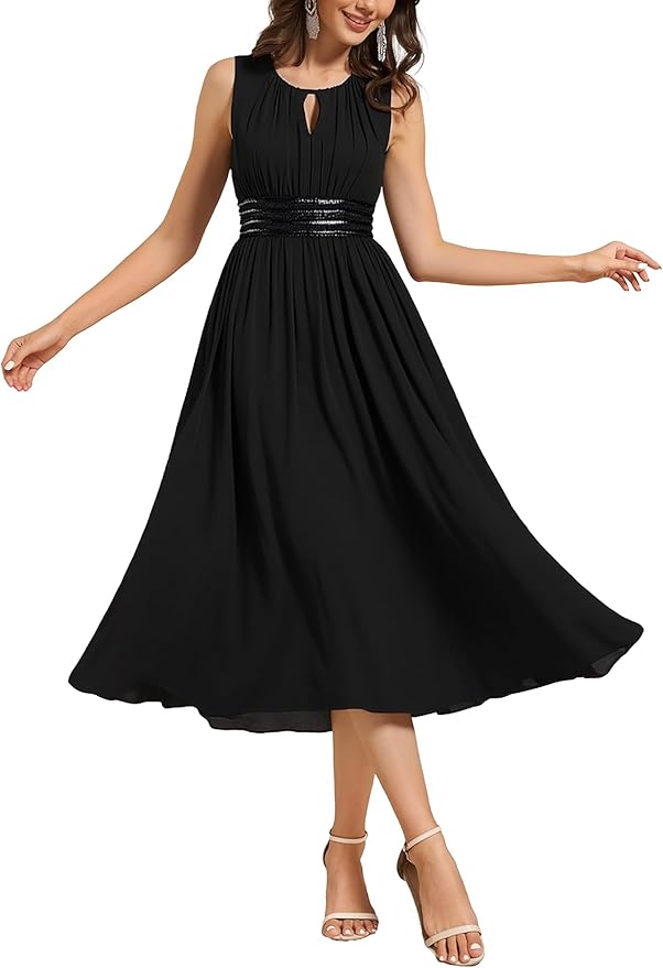Ever-Pretty Women's Elegant Round Neck Chiffon A-Line Sequins Waist Midi Wedding Guest Dress 03955