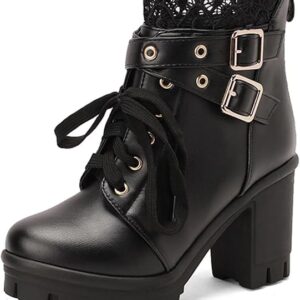 MEOTINA Goth Platform Boots Lace Buckle Gothic Cosplay Booties Chunky High Heels Ankle Boots Zipper Punk Shoes