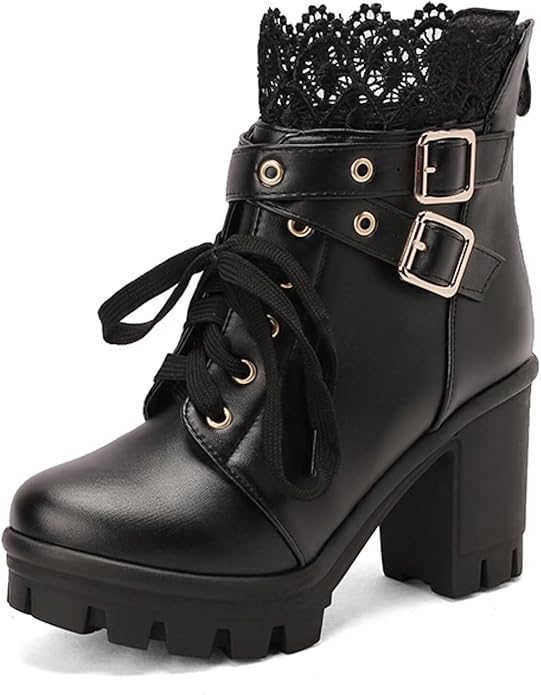 MEOTINA Goth Platform Boots Lace Buckle Gothic Cosplay Booties Chunky High Heels Ankle Boots Zipper Punk Shoes