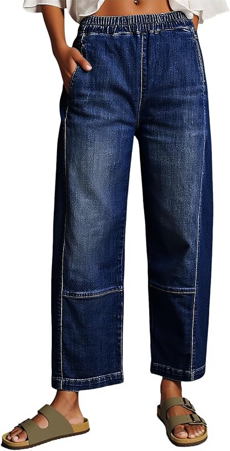 Cicy Bell Womens Baggy Cropped Jeans Elastic High Waisted Wide Leg Trendy Stretchy Seam Barrel Capri Denim Pants