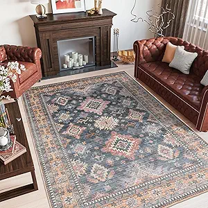 Meiko Boho Area Rug, 8'×10' Washable Vintage Rug, Non-Slip Oriental Floral Rug, Non-Shedding Accent Carpet with Low Pile for Living Room, Bedroom, Dining Room, Office, Classroom, Brown