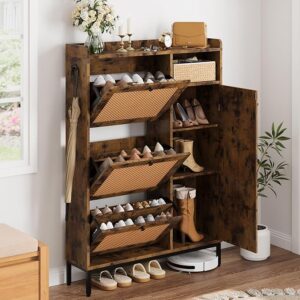 GarveeHome Shoe Cabinet Rattan with 3 Flip Drawers and 4-Tier Shoe Storage Cabinet, Freestanding Shoe Organizer Save-10%