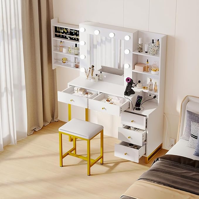 YITAHOME Vanity Desk with Mirror & Power Outlet, Luxury Vanity Table Set with Hidden Jewelry Storage