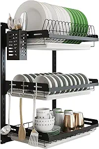 junyuan Hanging Dish Drying Rack Wall Mount,Dish Racks Drainer,3 Tier Kitchen Plate Organizer Storage Shelf with Drain
