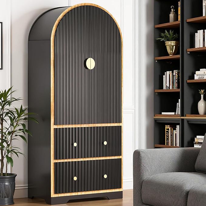 78" Black Arched Cabinet with Doors, Fluted Storage Organizer with Adjustable Shelves & Drawers for Pantry, Bookshelf, Bathroom