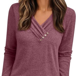 AUTOMET Womens Long Sleeve Tunic Top V Neck Button Shirts