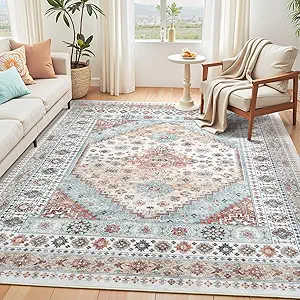 6x9 Washable Area Rugs, Large Living Room Rug, Vintage Boho Carpet, Non Slip & Stain Resistant Thin Carpets for Bedroom Dining Indoor Nursery Home Decor